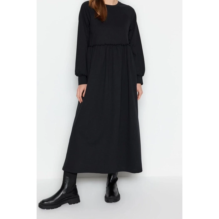 Moda Regular Casual Günlük 2 İplik Örme Bisiklet Yaka Uzun Kol Basic Maxi Boy Tesettür Elbise