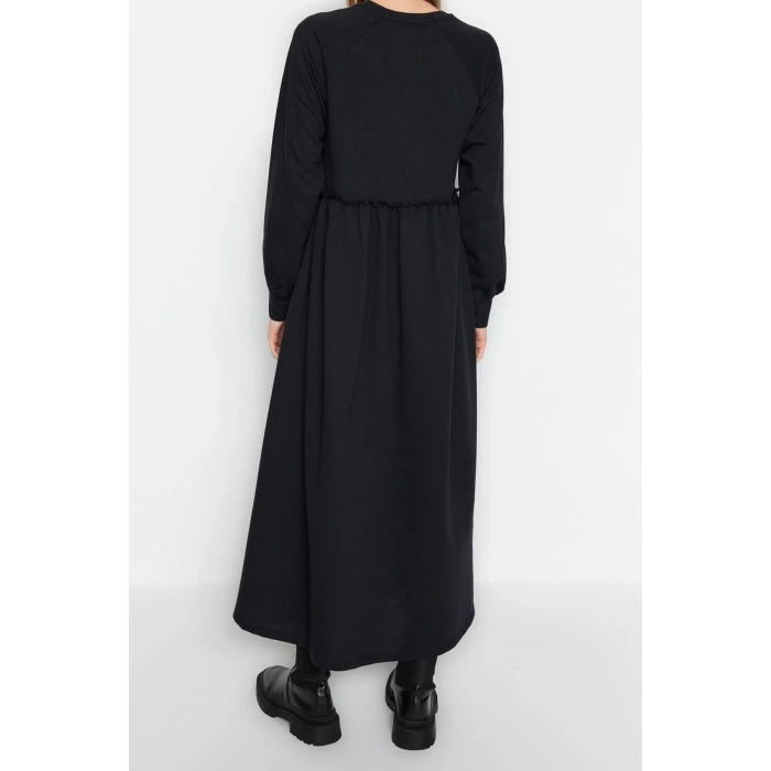 Moda Regular Casual Günlük 2 İplik Örme Bisiklet Yaka Uzun Kol Basic Maxi Boy Tesettür Elbise