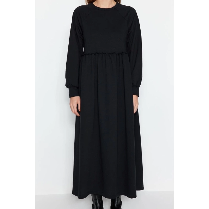 Moda Regular Casual Günlük 2 İplik Örme Bisiklet Yaka Uzun Kol Basic Maxi Boy Tesettür Elbise