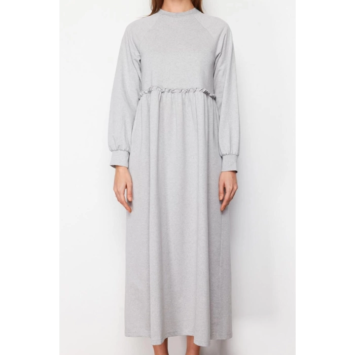 Moda Regular Casual Günlük 2 İplik Örme Bisiklet Yaka Uzun Kol Basic Maxi Boy Tesettür Elbise
