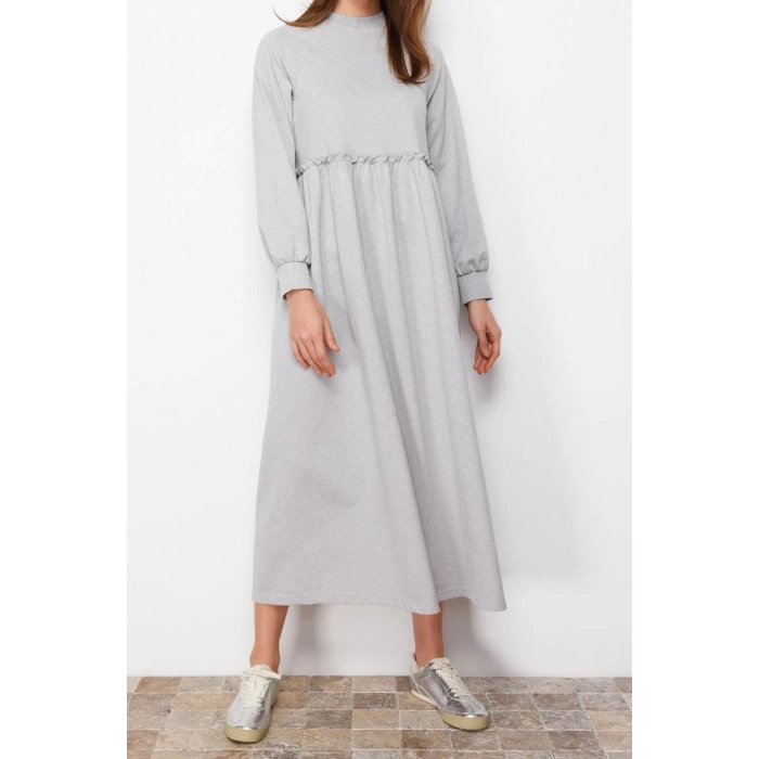 Moda Regular Casual Günlük 2 İplik Örme Bisiklet Yaka Uzun Kol Basic Maxi Boy Tesettür Elbise