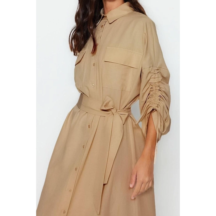 Moda Casual Günlük Terrycotton Dokuma Gömlek Yaka Uzun Kol Gömlek Elbise Maxi Boy Tesettür Elbise