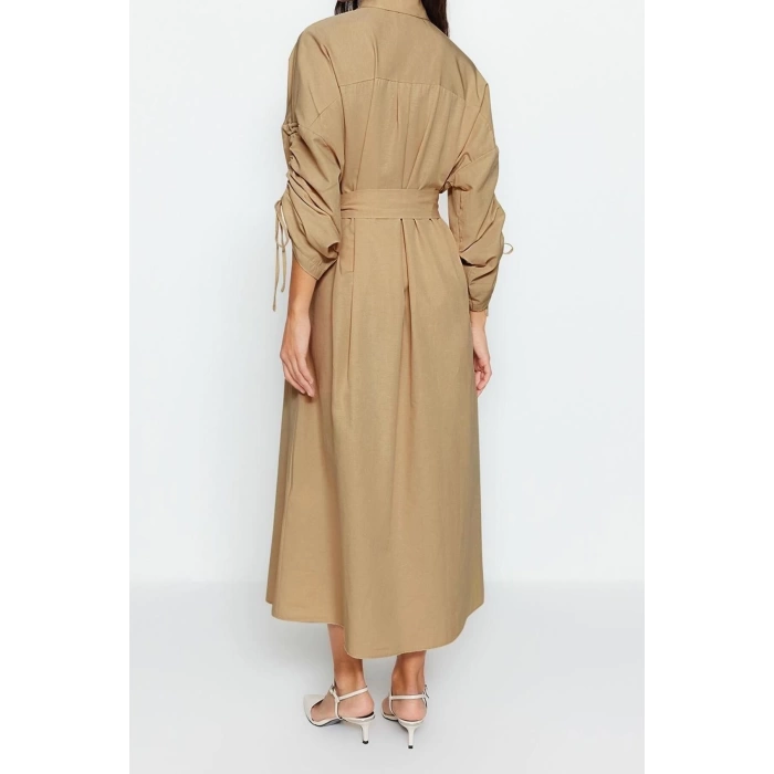 Moda Casual Günlük Terrycotton Dokuma Gömlek Yaka Uzun Kol Gömlek Elbise Maxi Boy Tesettür Elbise