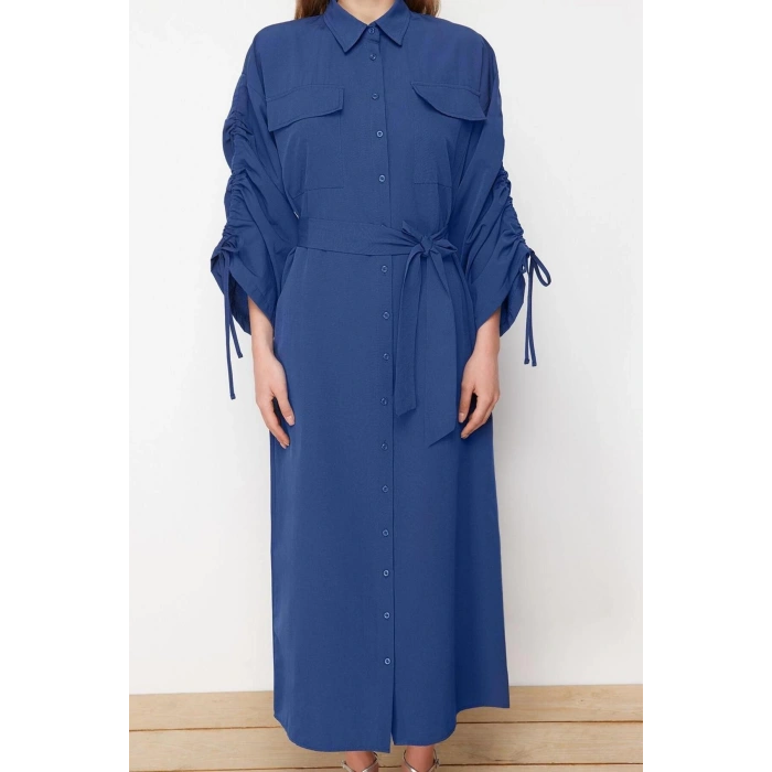 Moda Casual Günlük Terrycotton Dokuma Gömlek Yaka Uzun Kol Gömlek Elbise Maxi Boy Tesettür Elbise
