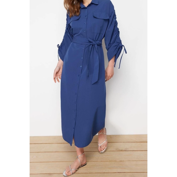 Moda Casual Günlük Terrycotton Dokuma Gömlek Yaka Uzun Kol Gömlek Elbise Maxi Boy Tesettür Elbise