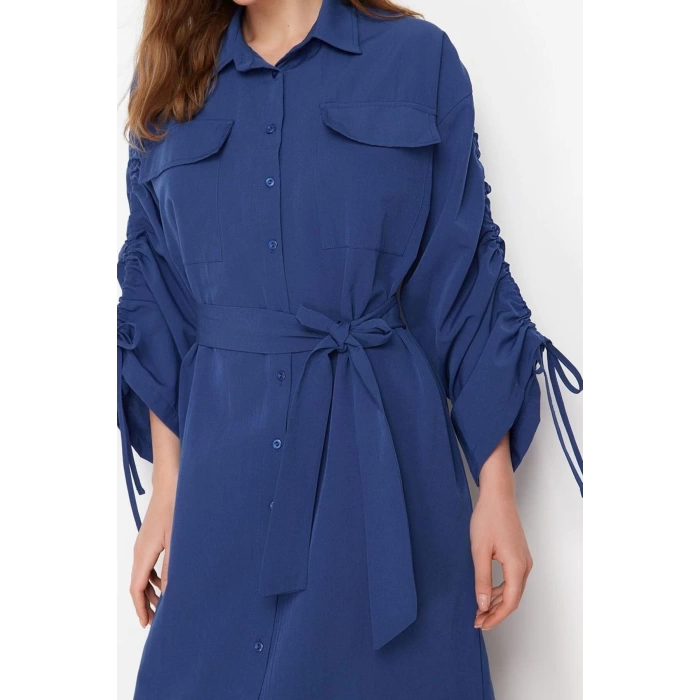 Moda Casual Günlük Terrycotton Dokuma Gömlek Yaka Uzun Kol Gömlek Elbise Maxi Boy Tesettür Elbise
