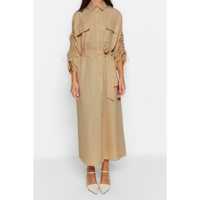 Moda Casual Günlük Terrycotton Dokuma Gömlek Yaka Uzun Kol Gömlek Elbise Maxi Boy Tesettür Elbise