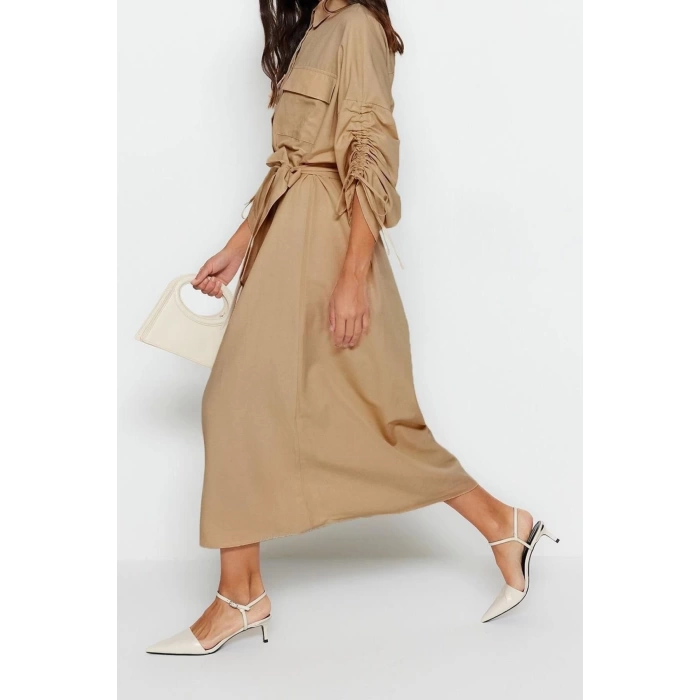Moda Casual Günlük Terrycotton Dokuma Gömlek Yaka Uzun Kol Gömlek Elbise Maxi Boy Tesettür Elbise