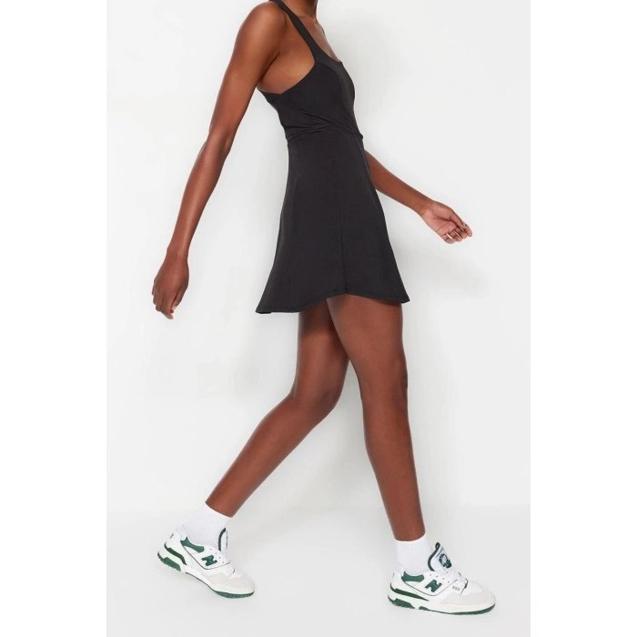 Fashion Casual Sportswear Diver Scuba Knitted Square Neck Strap Sleeve A-Line Mini Length Dress
