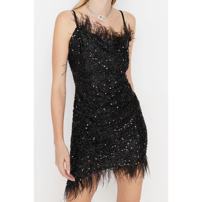 Fashion Fit Graduation Prom Sequin Knit Square Neck Strap Sleeve Bodycone Mini Length Dress
