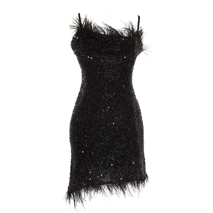 Fashion Fit Graduation Prom Sequin Knit Square Neck Strap Sleeve Bodycone Mini Length Dress