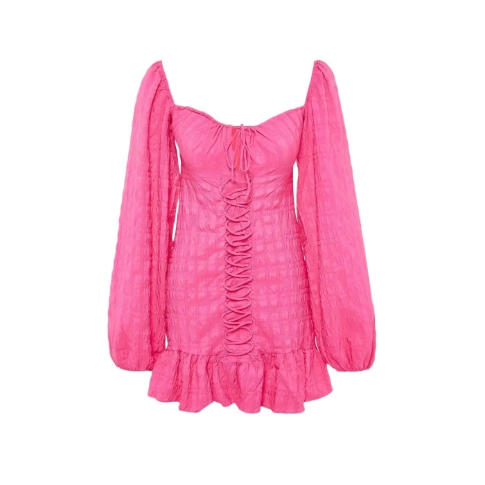 Moda Regular Mezuniyet Balo Bürümcük Dokuma Kalp Yaka Uzun Kol Bodycone Mini Boy Elbise