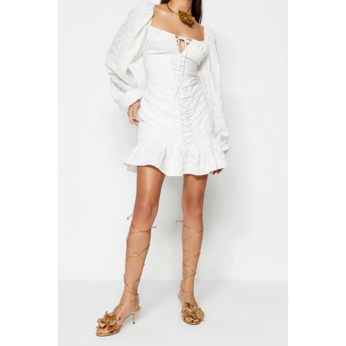 Moda Regular Mezuniyet Balo Bürümcük Dokuma Kalp Yaka Uzun Kol Bodycone Mini Boy Elbise