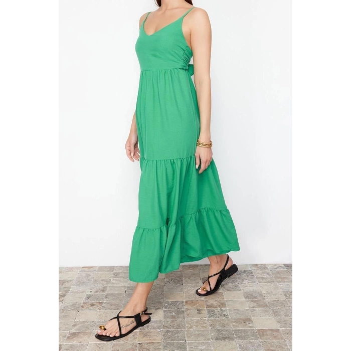 Moda Regular Casual Günlük Lilyum Dokuma V Yaka Askılı Kol Skater Midi Boy Elbise