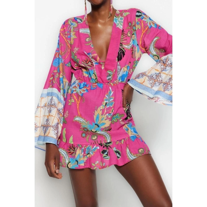 Moda Fit Plaj Günlük Vual Dokuma V Yaka Uzun Kol Eteği Fırfırlı Mini Boy Elbise
