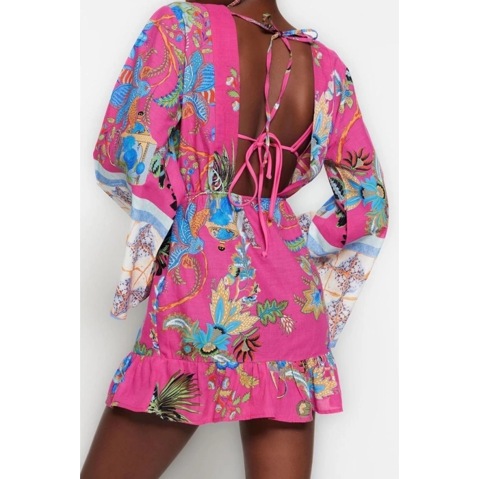 Moda Fit Plaj Günlük Vual Dokuma V Yaka Uzun Kol Eteği Fırfırlı Mini Boy Elbise