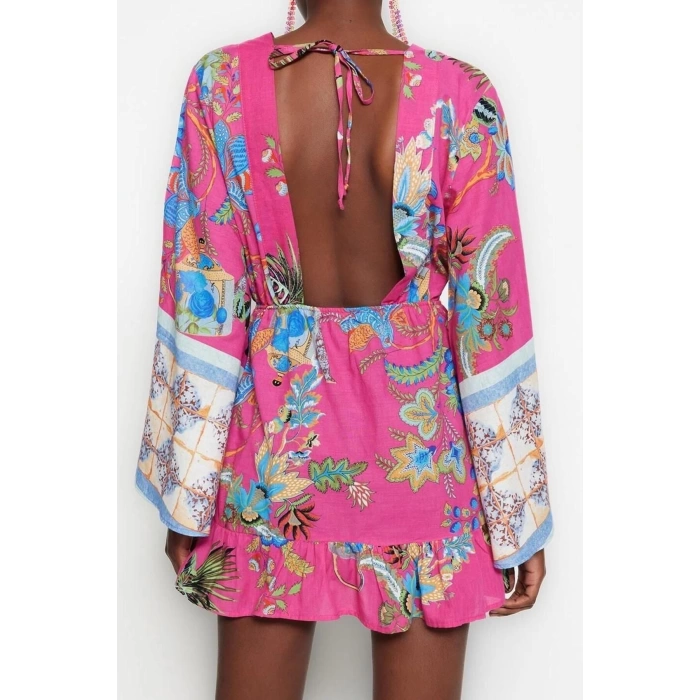 Moda Fit Plaj Günlük Vual Dokuma V Yaka Uzun Kol Eteği Fırfırlı Mini Boy Elbise