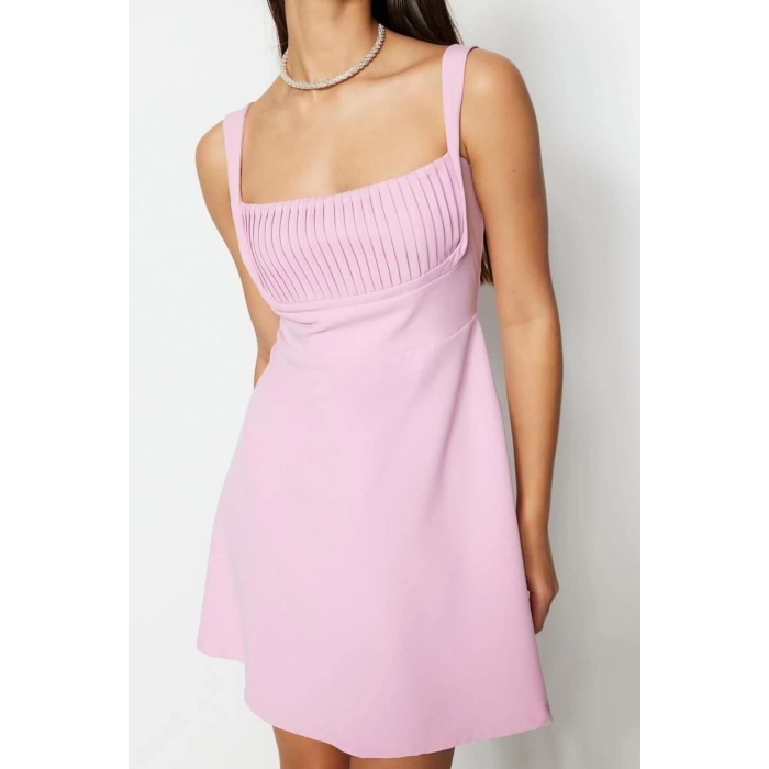 Fashion Regular Graduation Prom Finike Woven Square Neck Strap Sleeve Skater Mini Length Dress