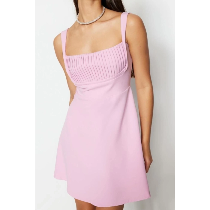 Fashion Regular Graduation Prom Finike Woven Square Neck Strap Sleeve Skater Mini Length Dress