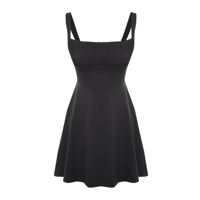 Fashion Regular Graduation Prom Finike Woven Square Neck Strap Sleeve Skater Mini Length Dress