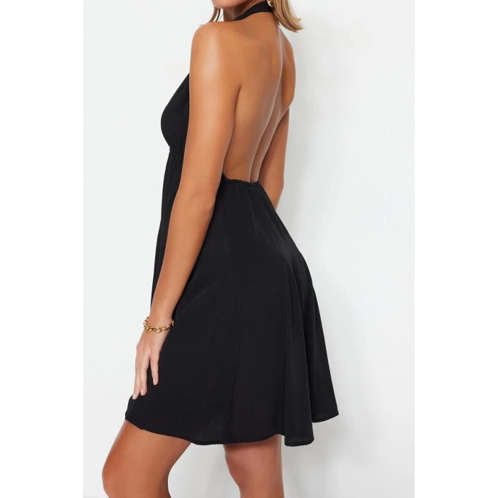 Moda Regular Plaj Günlük Shally Dokuma V Yaka Askılı Kol Smock Mini Boy Elbise