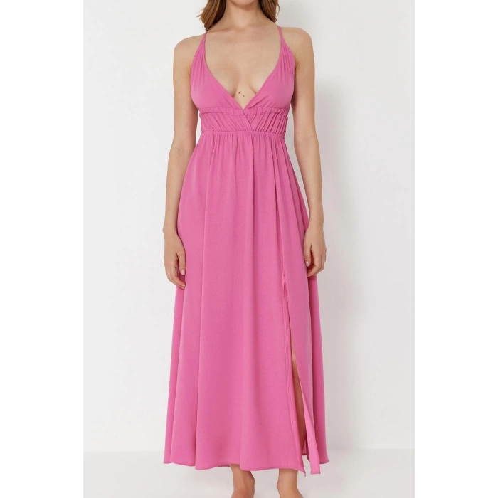 Fashion Regular Beach Casual Crinkle Woven V Neck Strappy Sleeve Basic Maxi Length Dress