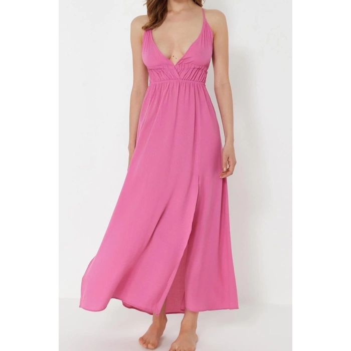 Fashion Regular Beach Casual Crinkle Woven V Neck Strappy Sleeve Basic Maxi Length Dress