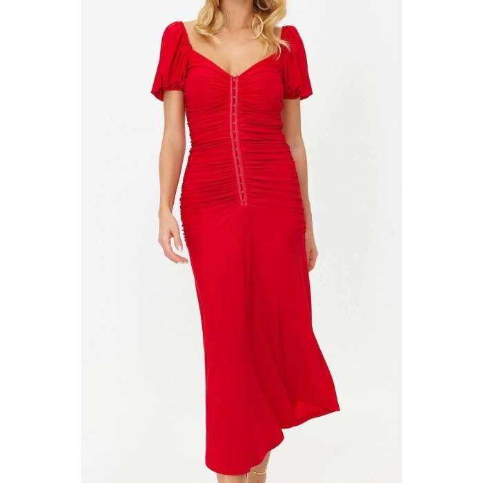 Moda Fit Mezuniyet Balo Sandy Örme Kalp Yaka Kısa Kol Shift Midi Boy Elbise