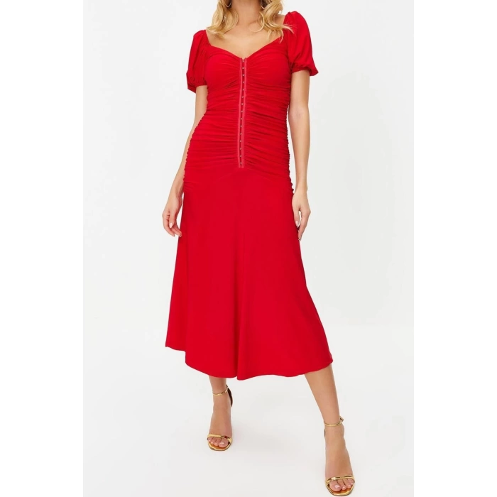 Moda Fit Mezuniyet Balo Sandy Örme Kalp Yaka Kısa Kol Shift Midi Boy Elbise