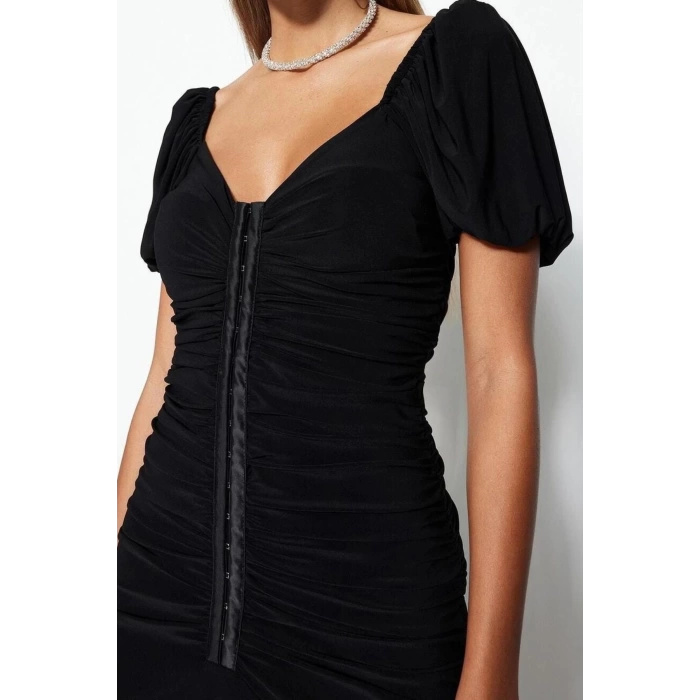 Moda Fit Mezuniyet Balo Sandy Örme Kalp Yaka Kısa Kol Shift Midi Boy Elbise