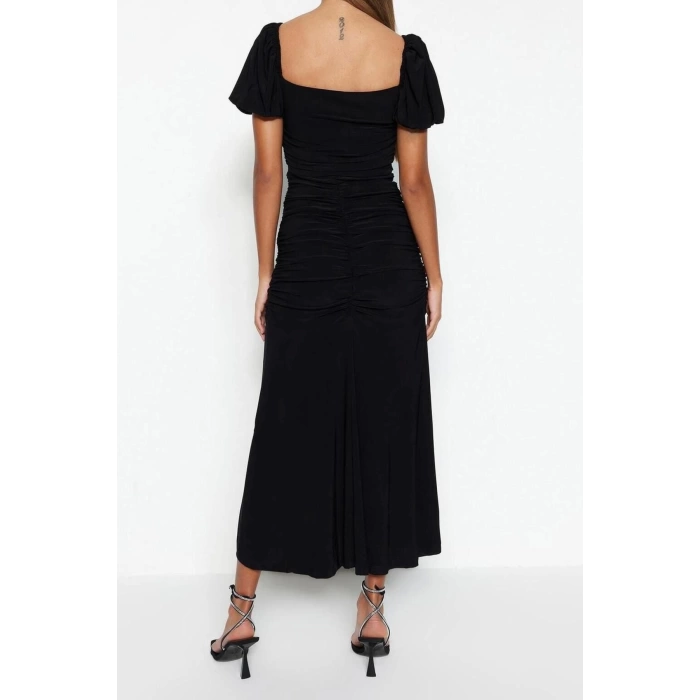 Moda Fit Mezuniyet Balo Sandy Örme Kalp Yaka Kısa Kol Shift Midi Boy Elbise
