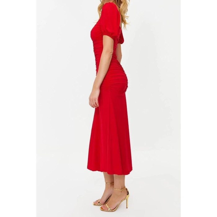 Moda Fit Mezuniyet Balo Sandy Örme Kalp Yaka Kısa Kol Shift Midi Boy Elbise
