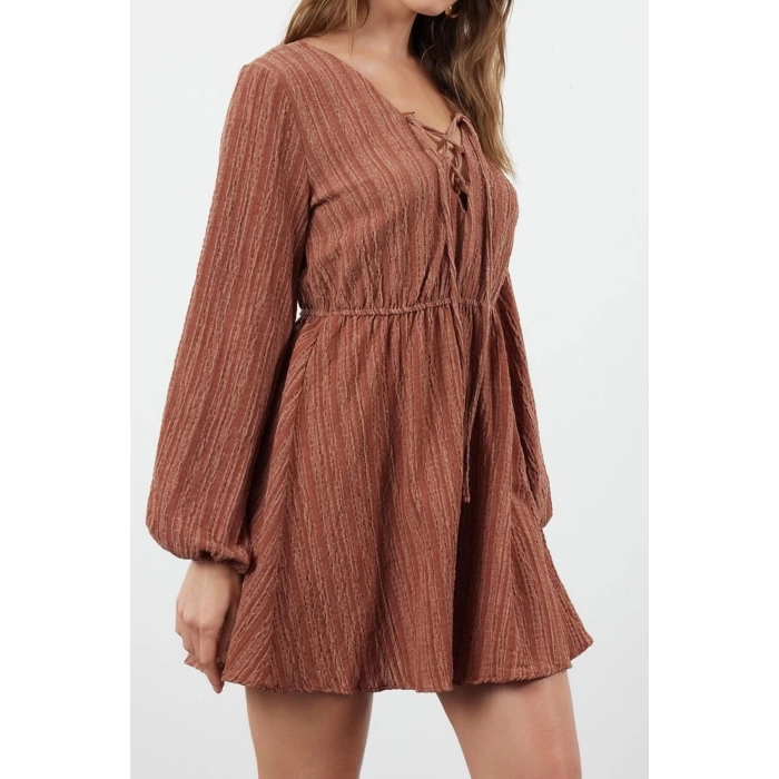 Moda Regular Plaj Günlük Müslin Örme V Yaka Uzun Kol Smock Mini Boy Elbise