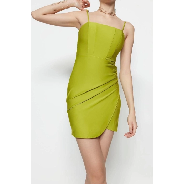 Moda Fit Mezuniyet Balo Nancy Örme Kare Yaka Askılı Kol Bodycone Mini Boy Elbise