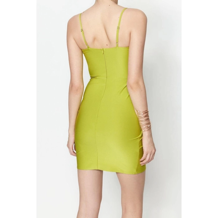 Moda Fit Mezuniyet Balo Nancy Örme Kare Yaka Askılı Kol Bodycone Mini Boy Elbise