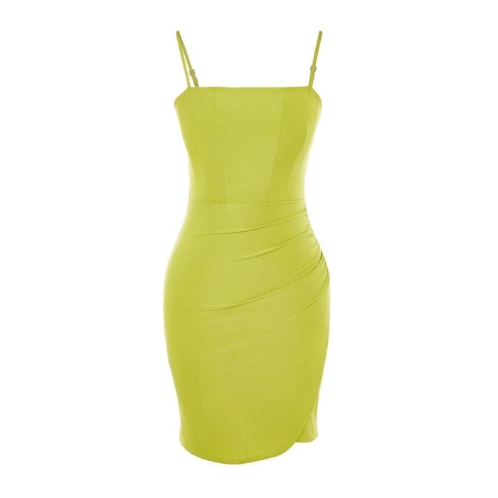 Moda Fit Mezuniyet Balo Nancy Örme Kare Yaka Askılı Kol Bodycone Mini Boy Elbise
