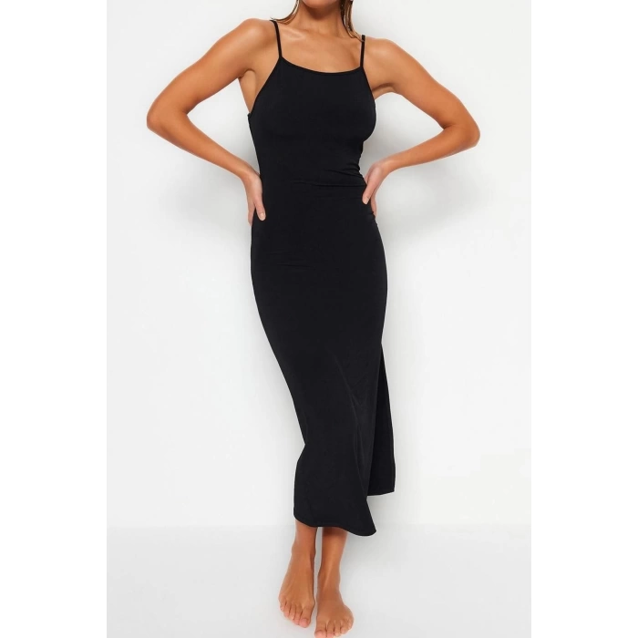 Fashion Fit Beach Casual Sandy Knitted Crew Neck Strappy Sleeve Bodycone Maxi Length Dress