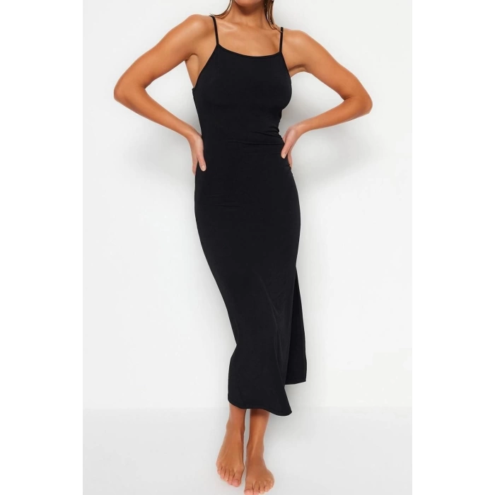 Fashion Fit Beach Casual Sandy Knitted Crew Neck Strappy Sleeve Bodycone Maxi Length Dress