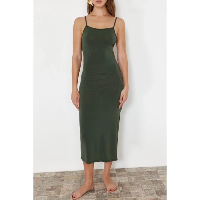 Fashion Fit Beach Casual Sandy Knitted Crew Neck Strappy Sleeve Bodycone Maxi Length Dress