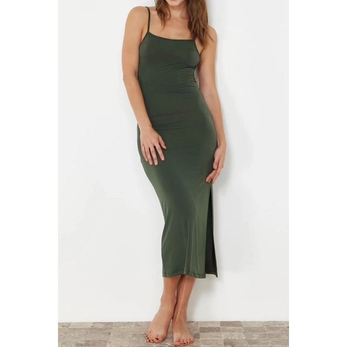 Fashion Fit Beach Casual Sandy Knitted Crew Neck Strappy Sleeve Bodycone Maxi Length Dress