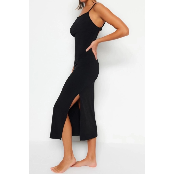 Fashion Fit Beach Casual Sandy Knitted Crew Neck Strappy Sleeve Bodycone Maxi Length Dress