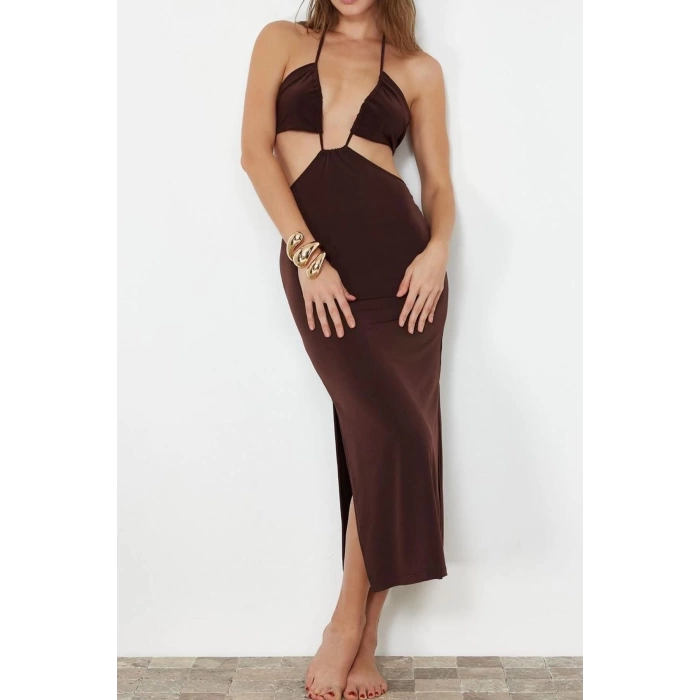 Fashion Fit Beach Casual Sandy Knitted Strapless Halter Sleeve Bodycone Maxi Length Dress