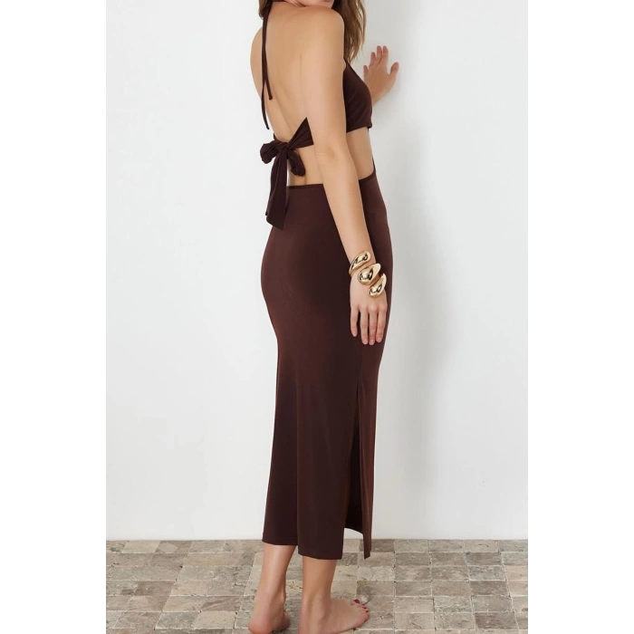 Fashion Fit Beach Casual Sandy Knitted Strapless Halter Sleeve Bodycone Maxi Length Dress