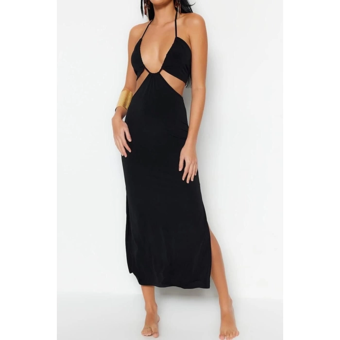 Fashion Fit Beach Casual Sandy Knitted Strapless Halter Sleeve Bodycone Maxi Length Dress