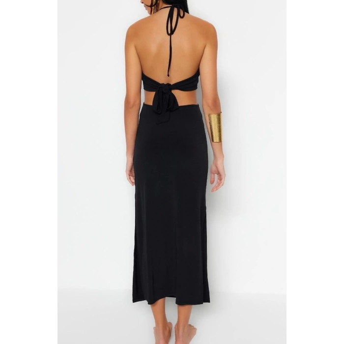 Fashion Fit Beach Casual Sandy Knitted Strapless Halter Sleeve Bodycone Maxi Length Dress