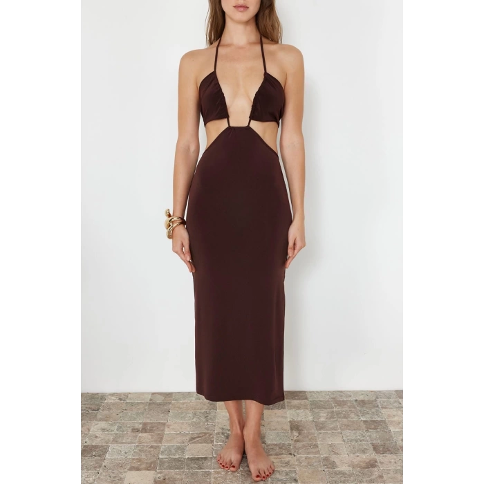 Fashion Fit Beach Casual Sandy Knitted Strapless Halter Sleeve Bodycone Maxi Length Dress