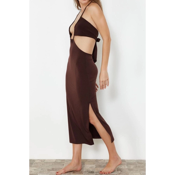Fashion Fit Beach Casual Sandy Knitted Strapless Halter Sleeve Bodycone Maxi Length Dress