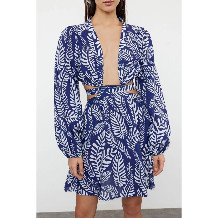 Moda Regular Plaj Günlük Vual Dokuma V Yaka Uzun Kol A-Line Mini Boy Elbise