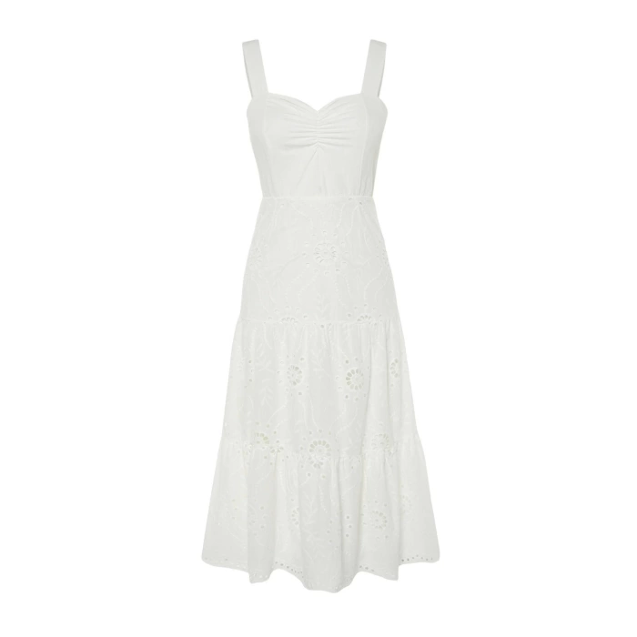 Fashion Regular Casual Daily Embroidered Woven Heart Neck Strappy Sleeve Skater Midi Length Dress