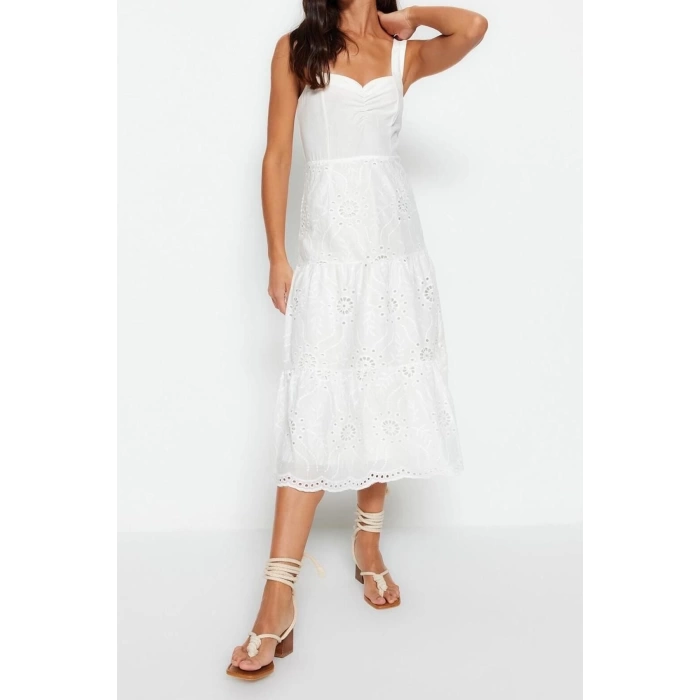 Fashion Regular Casual Daily Embroidered Woven Heart Neck Strappy Sleeve Skater Midi Length Dress
